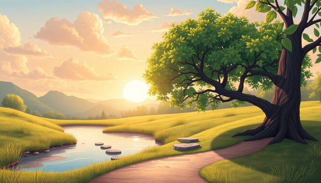A serene landscape depicting emotional growth, featuring a vibrant tree with lush leaves in the foreground symbolizing flourishing emotions. Below the tree, a pathway winds gently, illustrating the journey of personal development. In the middle ground, a softly flowing stream reflects the sky, representing clarity and self-discovery, while small stepping stones lead across the water, inviting exploration. The background showcases a sunrise with warm, golden light breaking through soft, pastel clouds, evoking hope and new beginnings. Capture a tranquil, uplifting atmosphere with a shallow depth of field to emphasize the tree and path. Use a wide-angle lens to create a sense of openness and potential. No human figures are included in the image. The overall mood should inspire feelings of optimism and growth. --nextself.ai A serene landscape depicting emotional growth, featuring a vibrant tree with lush leaves in the foreground symbolizing flourishing emotions. Below the tree, a pathway winds gently, illustrating the journey of personal development. In the middle ground, a softly flowing stream reflects the sky, representing clarity and self-discovery, while small stepping stones lead across the water, inviting exploration. The background showcases a sunrise with warm, golden light breaking through soft, pastel clouds, evoking hope and new beginnings. Capture a tranquil, uplifting atmosphere with a shallow depth of field to emphasize the tree and path. Use a wide-angle lens to create a sense of openness and potential. No human figures are included in the image. The overall mood should inspire feelings of optimism and growth. --nextself.ai
