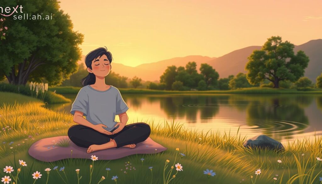 A person sitting peacefully beside calm water at sunset, reflecting in a quiet natural setting